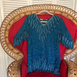 Vintage Chamanix Teal Beaded Top